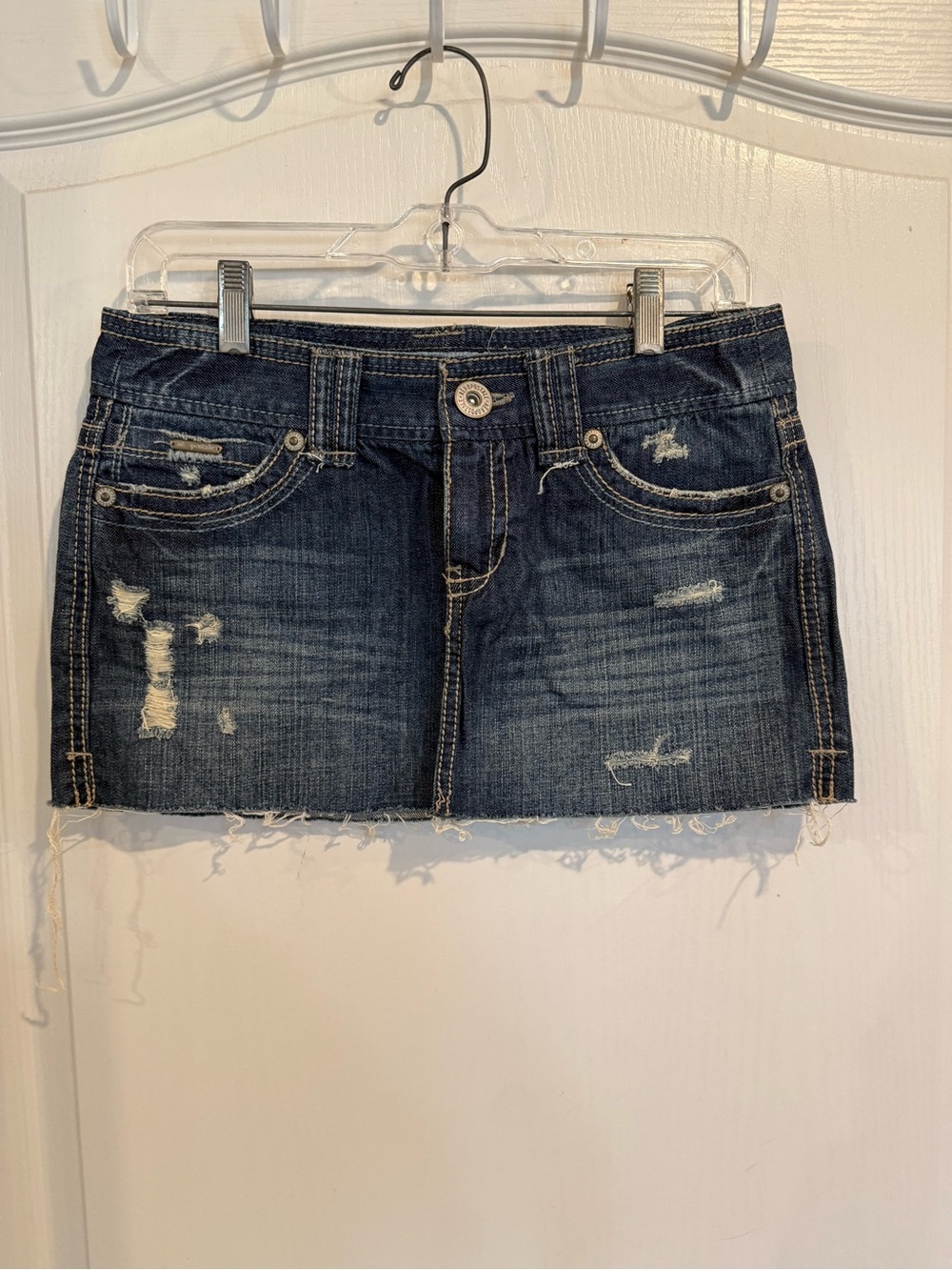 Aéropostale vintage y2k dark wash denim distressed raw hem mini skirt sz 3/4